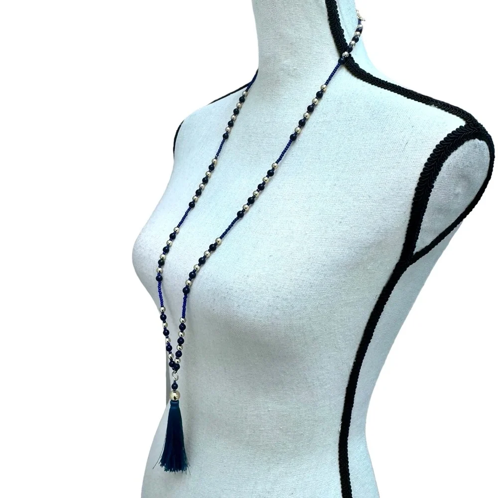 J. CREW BLUE AND GOLD BEADED NECKLACE WITH BLUE TASSEL - NWOT